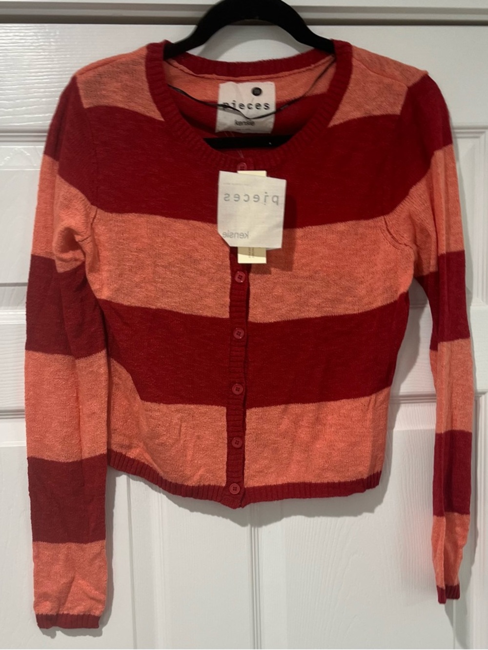 Kensie Striped Red & Coral Button Cardigan